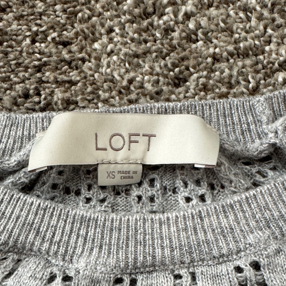 LOFT Light Heather Gray Knit Crewneck Sweater with Textured Yoke - Picture 2 of 6